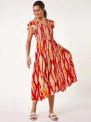 Roman Red Wave Print Shirred Midi Dress - Image 1 of 5