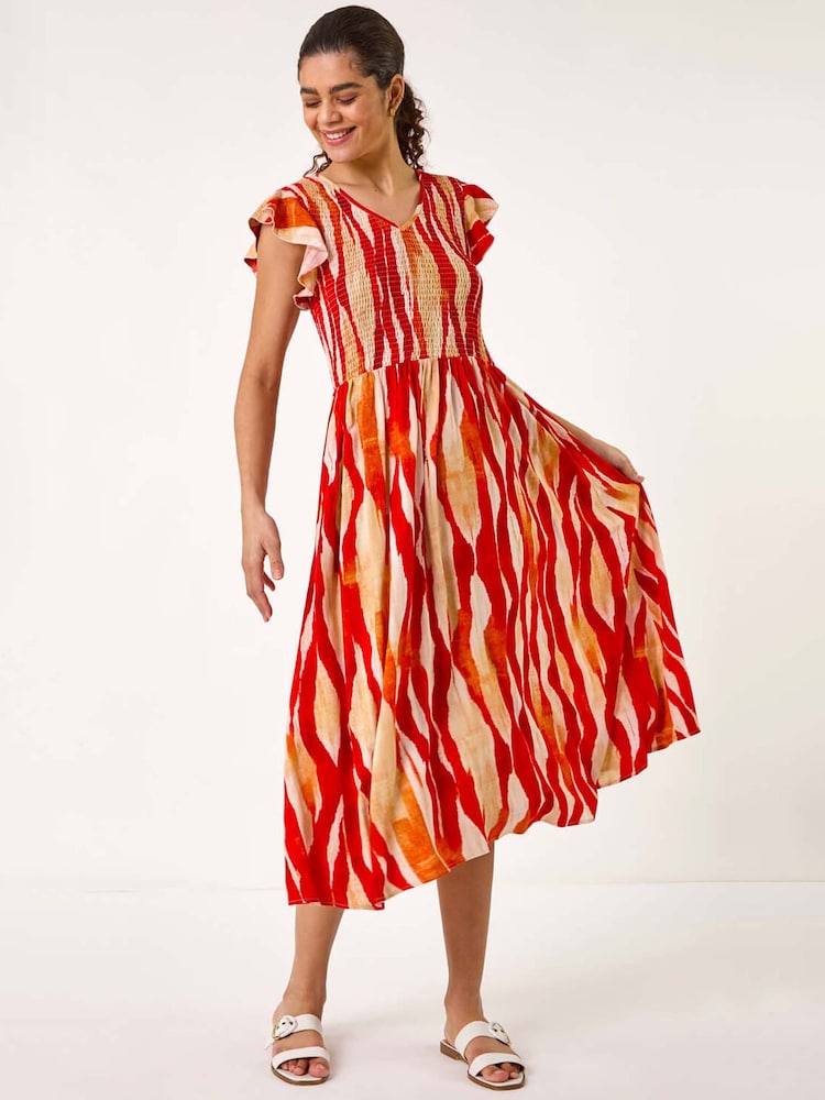 Roman Red Wave Print Shirred Midi Dress - Image 1 of 5