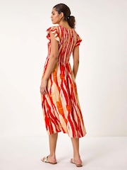 Roman Red Wave Print Shirred Midi Dress - Image 2 of 5
