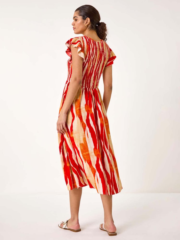 Roman Red Wave Print Shirred Midi Dress - Image 2 of 5