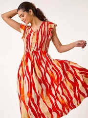 Roman Red Wave Print Shirred Midi Dress - Image 3 of 5