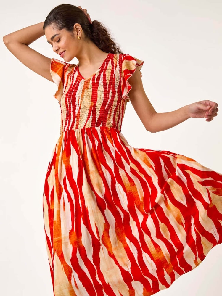 Roman Red Wave Print Shirred Midi Dress - Image 3 of 5