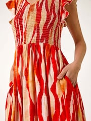 Roman Red Wave Print Shirred Midi Dress - Image 4 of 5