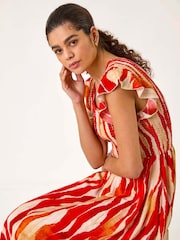 Roman Red Wave Print Shirred Midi Dress - Image 5 of 5