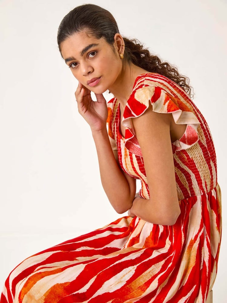 Roman Red Wave Print Shirred Midi Dress - Image 5 of 5