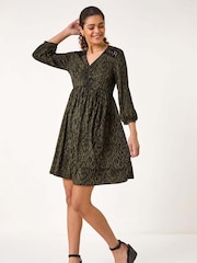 Roman Green Abstract Print Lace Trim Dress - Image 1 of 5