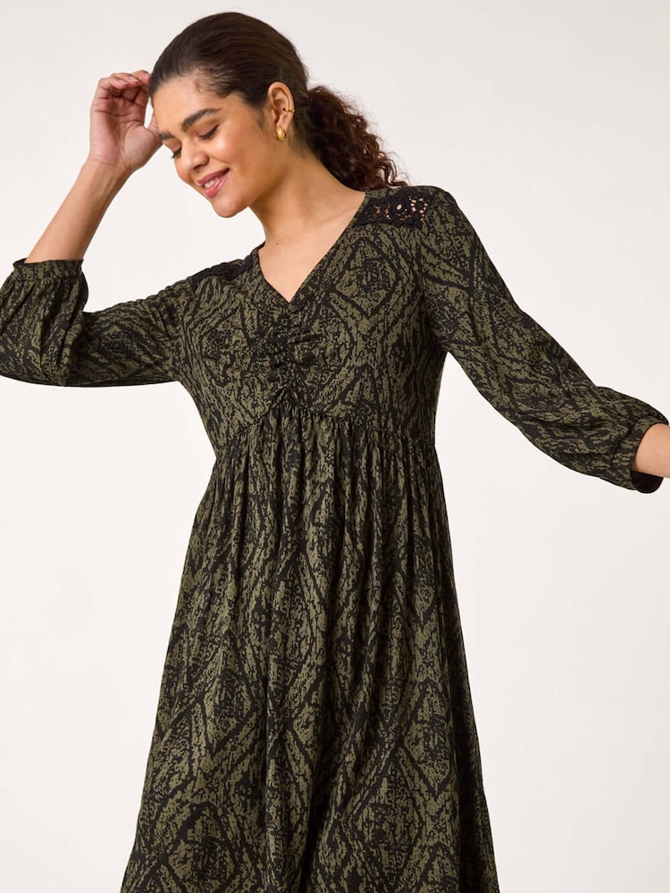 Roman Green Abstract Print Lace Trim Dress - Image 2 of 5