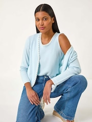 Roman Blue Faux Pearl Trim Cardigan - Image 1 of 5