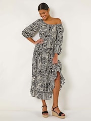 Roman Black Abstract Print Shirred Midi Dress - Image 1 of 5
