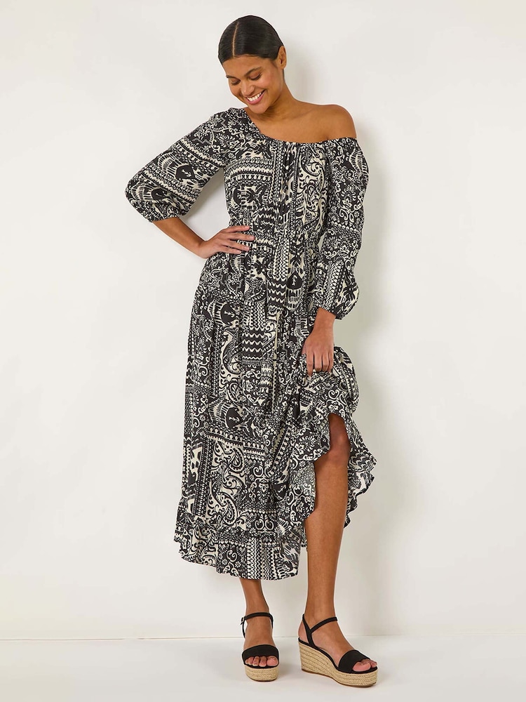 Roman Black Abstract Print Shirred Midi Dress - Image 1 of 5