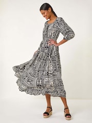 Roman Black Abstract Print Shirred Midi Dress - Image 2 of 5
