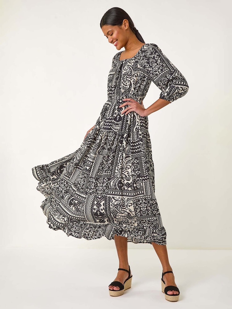 Roman Abstract Print Shirred Midi Dress - Imagen 2 de 5 Roman Abstract Print Shirred Midi Dress - Imagen 2 de 5