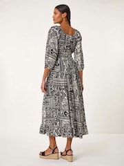 Roman Black Abstract Print Shirred Midi Dress - Image 3 of 5