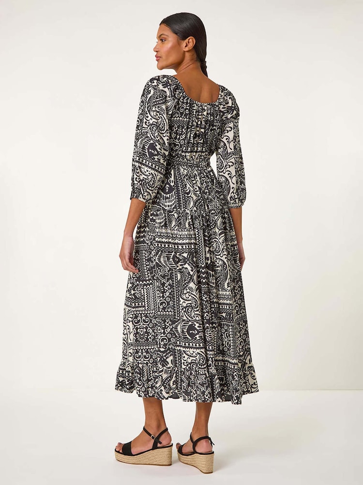 Roman Black Abstract Print Shirred Midi Dress - Image 3 of 5