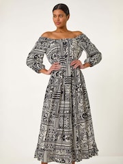 Roman Black Abstract Print Shirred Midi Dress - Image 4 of 5