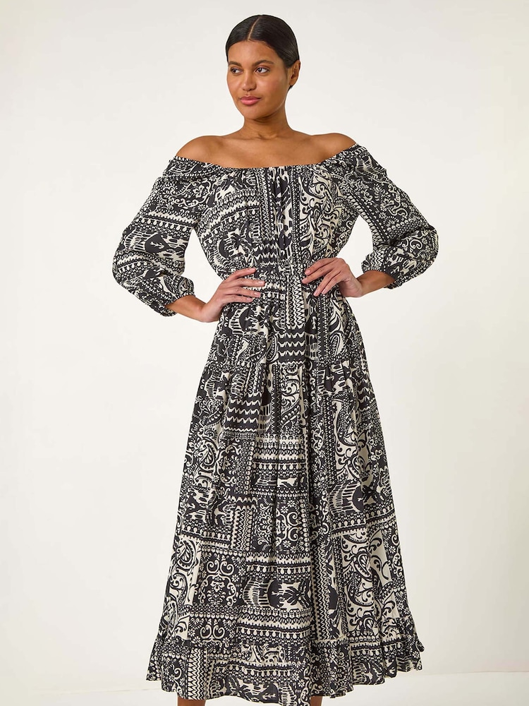Roman Black Abstract Print Shirred Midi Dress - Image 4 of 5
