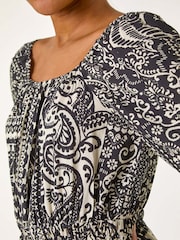 Roman Black Abstract Print Shirred Midi Dress - Image 5 of 5