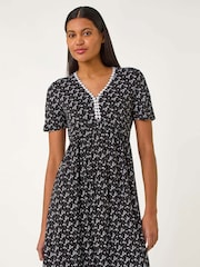 Roman Black Ditsy Floral Print Trim Dress - Image 1 of 5