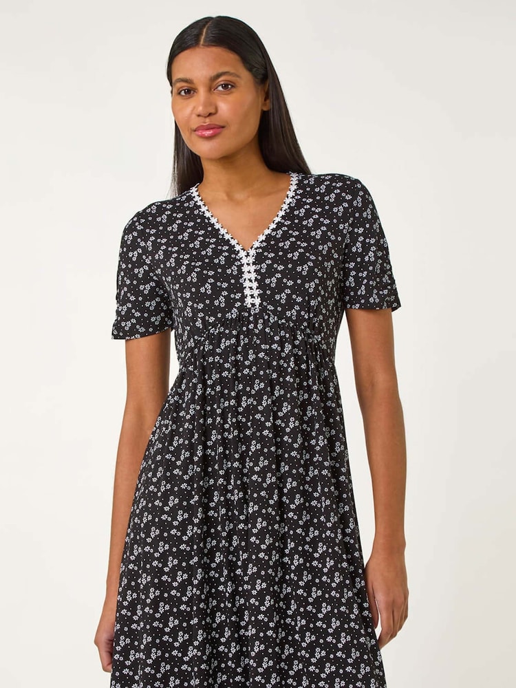 Roman Black Ditsy Floral Print Trim Dress - Image 1 of 5