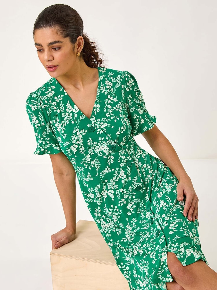 Roman Green Ditsy Floral Side Button Dress - Image 1 of 5