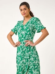 Roman Green Ditsy Floral Side Button Dress - Image 4 of 5