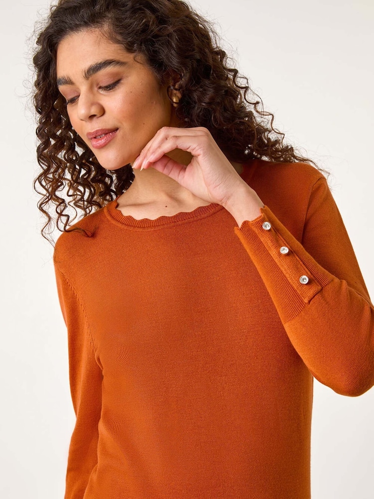 Roman Orange Diamante Button Scallop Edge Jumper - Image 1 of 5