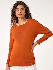 Roman Orange Diamante Button Scallop Edge Jumper - Image 4 of 5