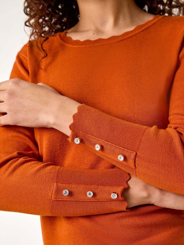 Roman Orange Diamante Button Scallop Edge Jumper - Image 5 of 5