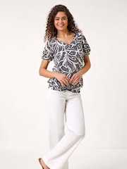 Roman Black Floral Burnout Print Blouson Top - Image 1 of 5
