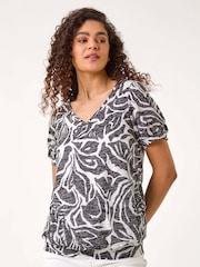 Roman Black Floral Burnout Print Blouson Top - Image 3 of 5