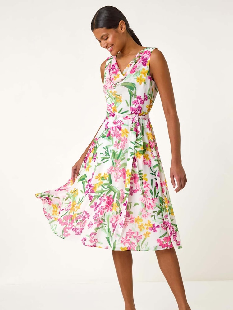 Roman White Floral Print Cowl Neck Dress - Image 2 of 5