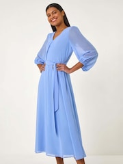 Roman Blue Chiffon V-Neck Midi Dress - Image 1 of 5