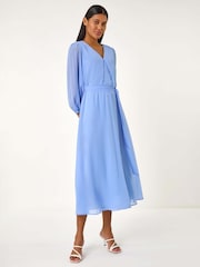 Roman Blue Chiffon V-Neck Midi Dress - Image 2 of 5
