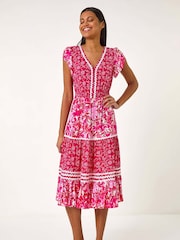Roman Pink Floral Print Constrast Stitch Midi Dress - Image 1 of 5