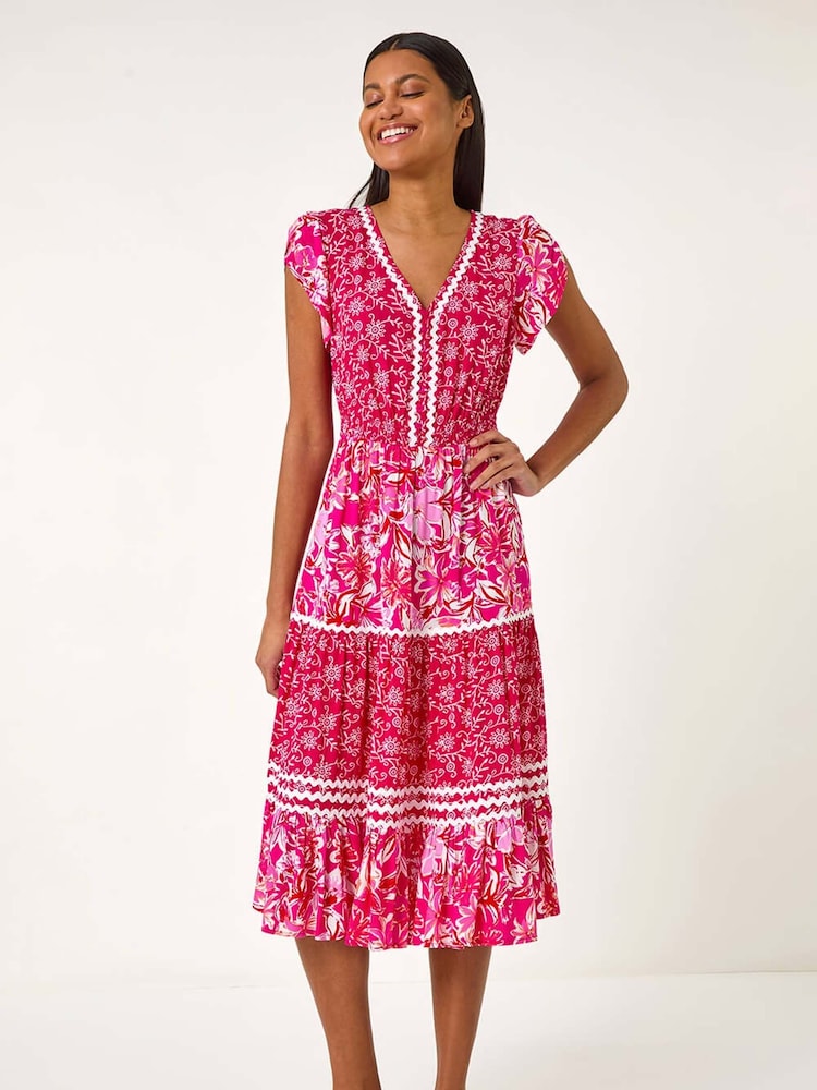 Roman Pink Floral Print Constrast Stitch Midi Dress - Image 1 of 5