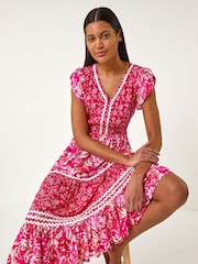 Roman Pink Floral Print Constrast Stitch Midi Dress - Image 2 of 5