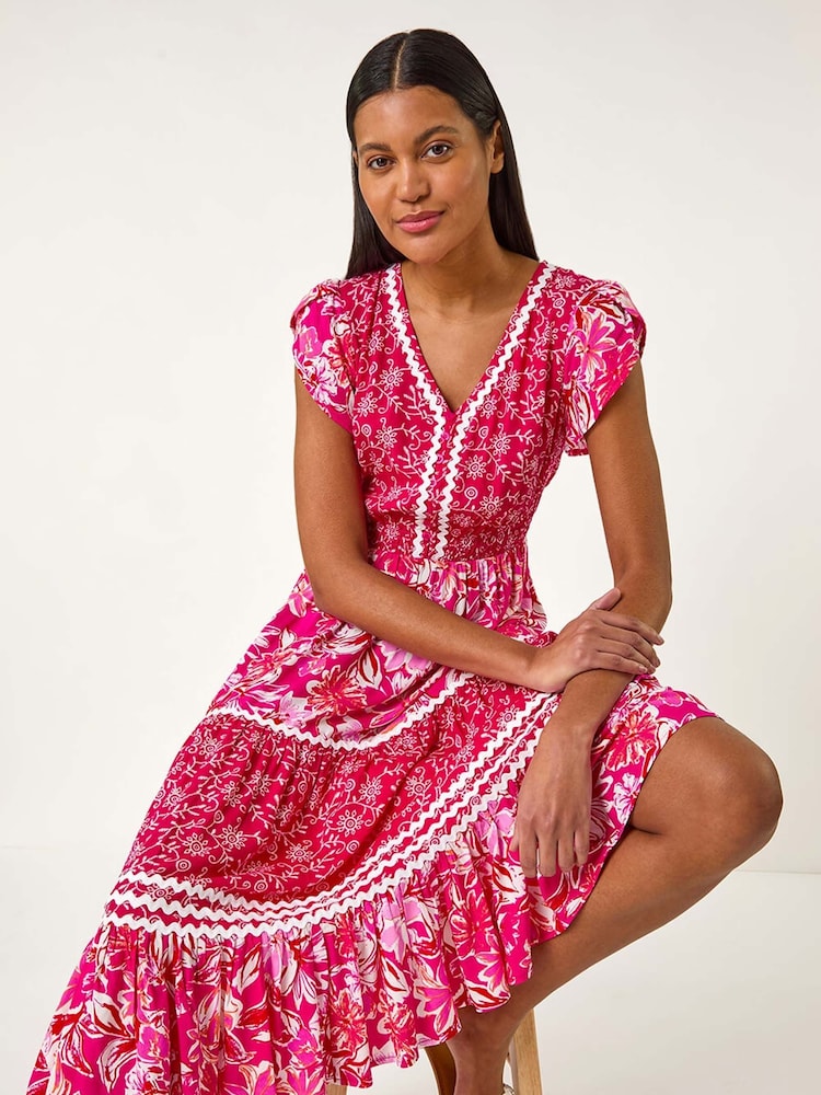 Roman Pink Floral Print Constrast Stitch Midi Dress - Image 2 of 5