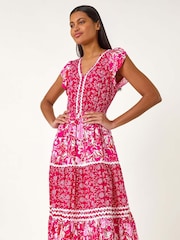 Roman Pink Floral Print Constrast Stitch Midi Dress - Image 3 of 5