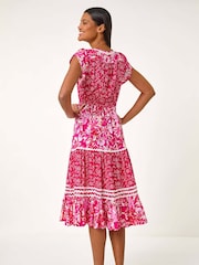 Roman Pink Floral Print Constrast Stitch Midi Dress - Image 4 of 5