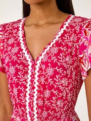 Roman Pink Floral Print Constrast Stitch Midi Dress - Image 5 of 5