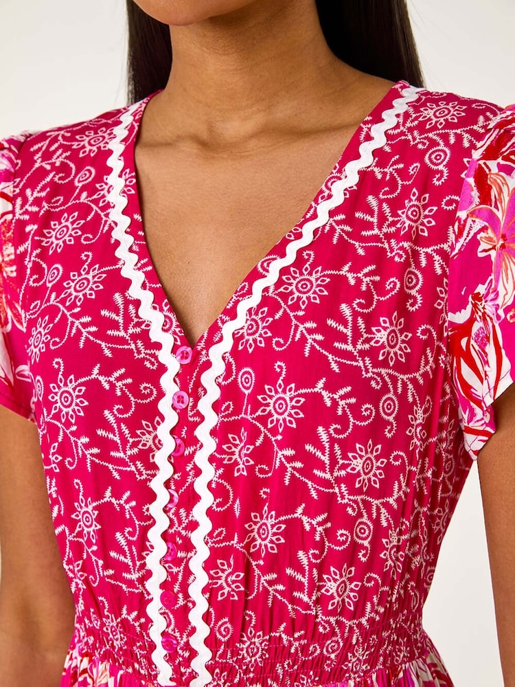 Roman Pink Floral Print Constrast Stitch Midi Dress - Image 5 of 5