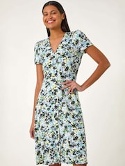 Roman Blue Floral Print Button Through Stretch Dress - Image 1 of 5