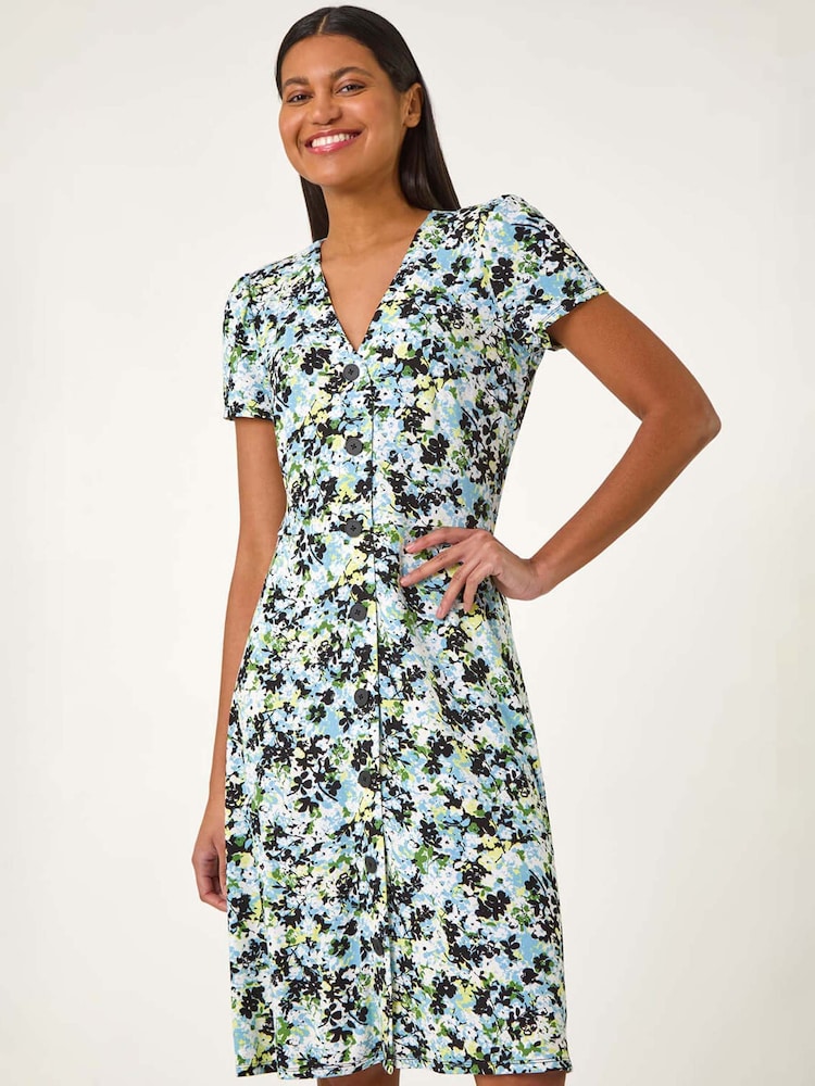 Roman Blue Floral Print Button Through Stretch Dress - Image 1 of 5