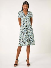 Roman Blue Floral Print Button Through Stretch Dress - Image 2 of 5