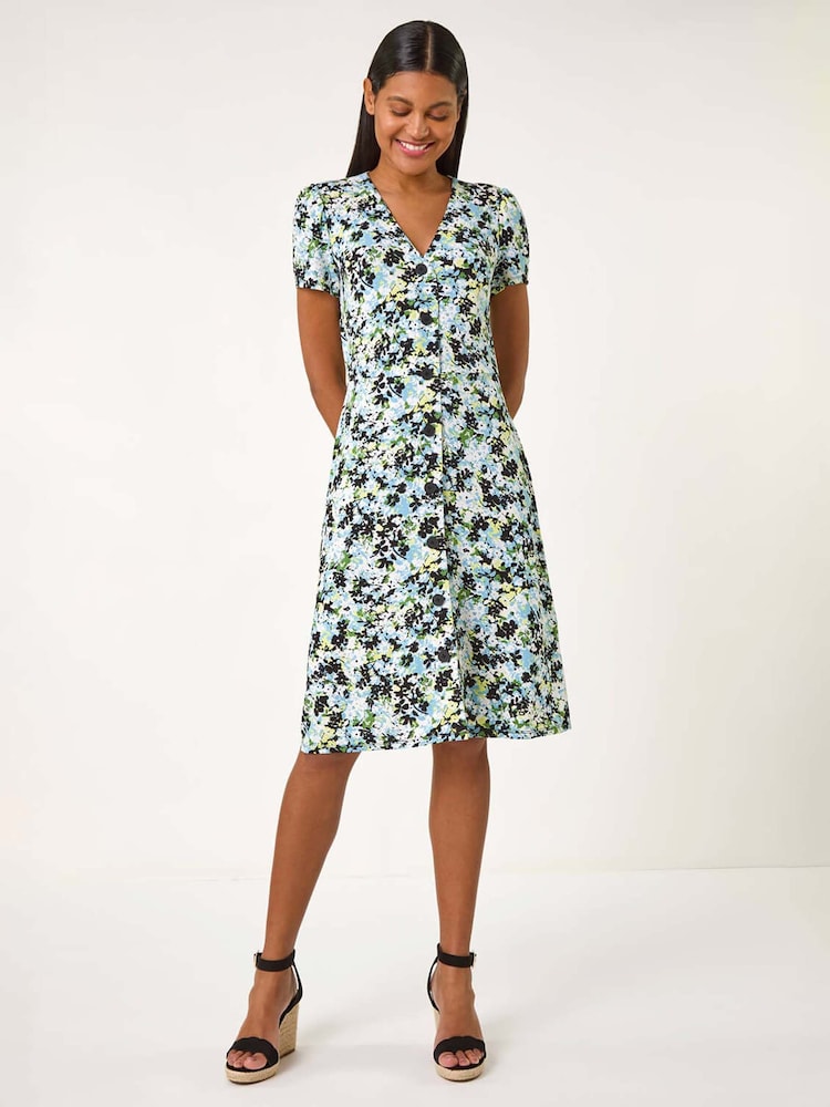 Roman Blue Floral Print Button Through Stretch Dress - Image 2 of 5
