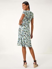 Roman Blue Floral Print Button Through Stretch Dress - Image 3 of 5