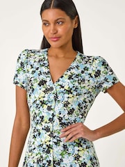 Roman Blue Floral Print Button Through Stretch Dress - Image 4 of 5