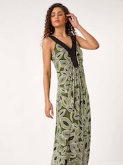 Roman Green Leaf Print Contrast Band Maxi Dress - Image 1 of 5