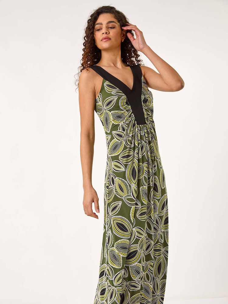 Roman Green Leaf Print Contrast Band Maxi Dress - Image 1 of 5