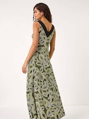 Roman Green Leaf Print Contrast Band Maxi Dress - Image 2 of 5